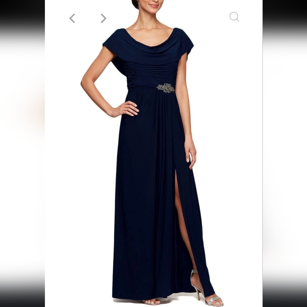 Petite Long Cowl Neck A-Line Matte Jersey Dress with Pleated Bodice